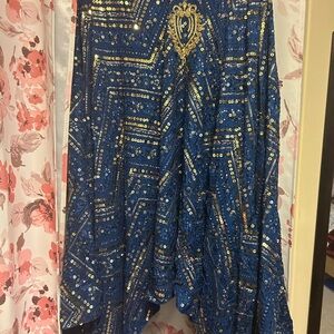 Elegant Blue and Gold Sequin poncho dress with pants in XL